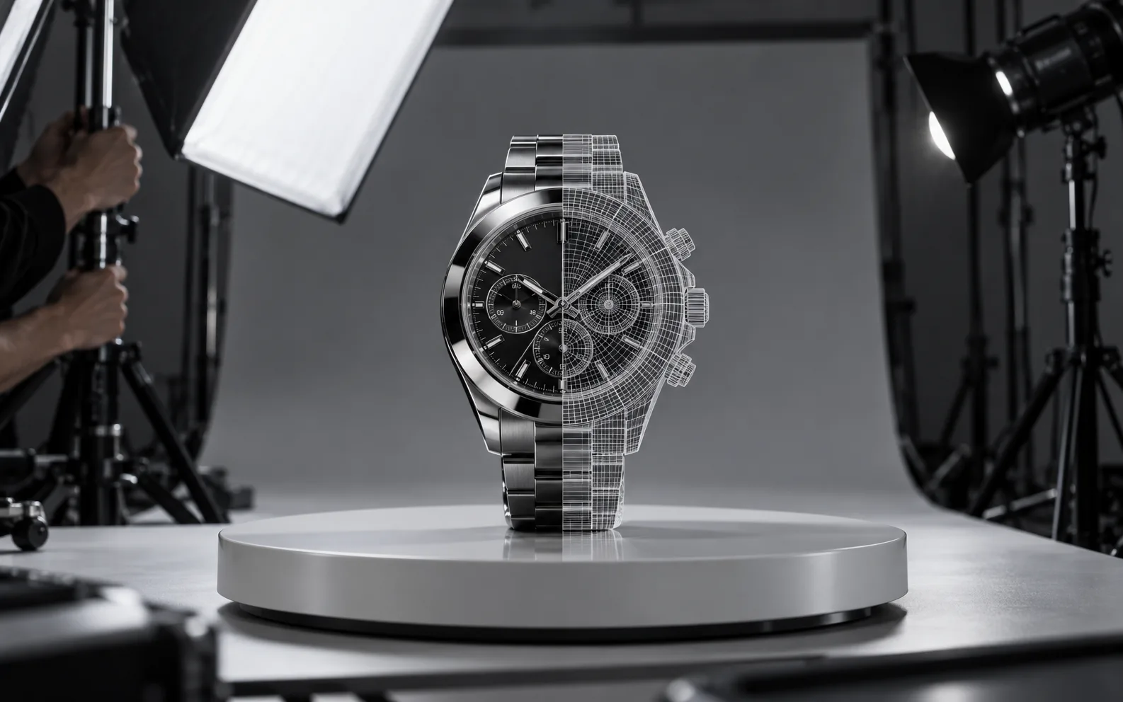 3D website design at Konaverse: a luxury watch rendered half photograph, half wireframe on a studio turntable