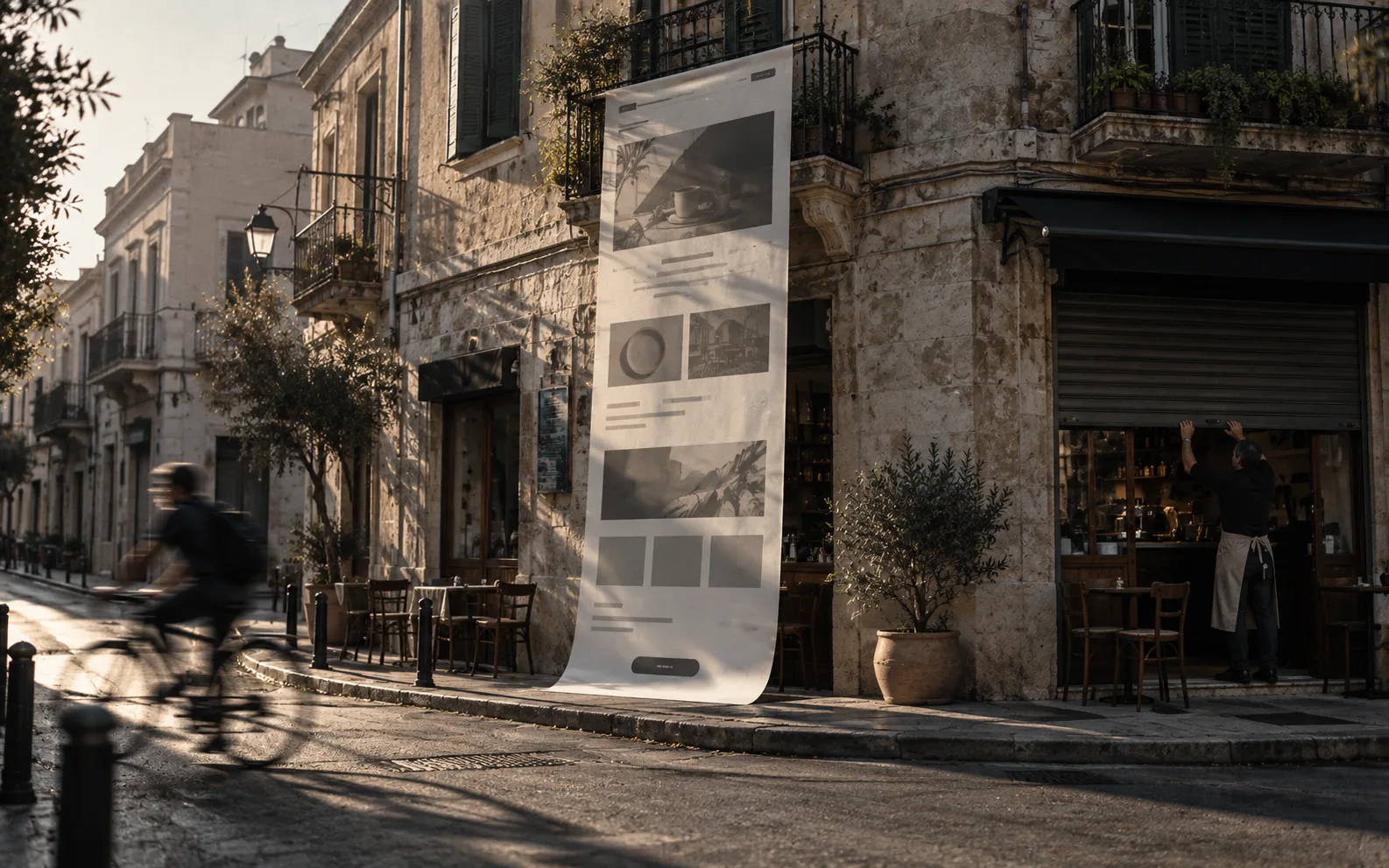 One-page website design: a single long page of a website hanging like a banner on a café front in an old Cyprus street