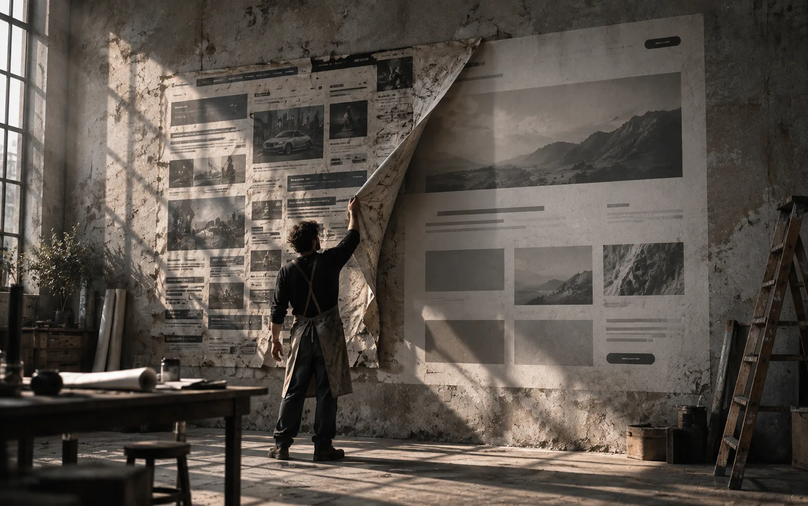 Website redesign: a man peeling an old website poster off a wall to reveal the new design underneath