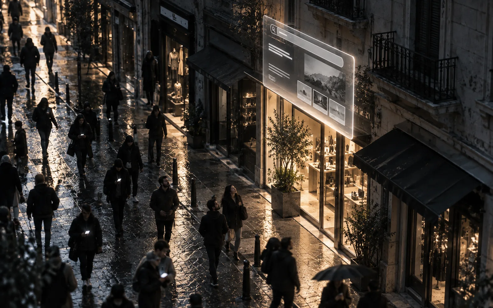 SEO for Google and AI search: people walking a rainy street at night past a shop window with a floating search result