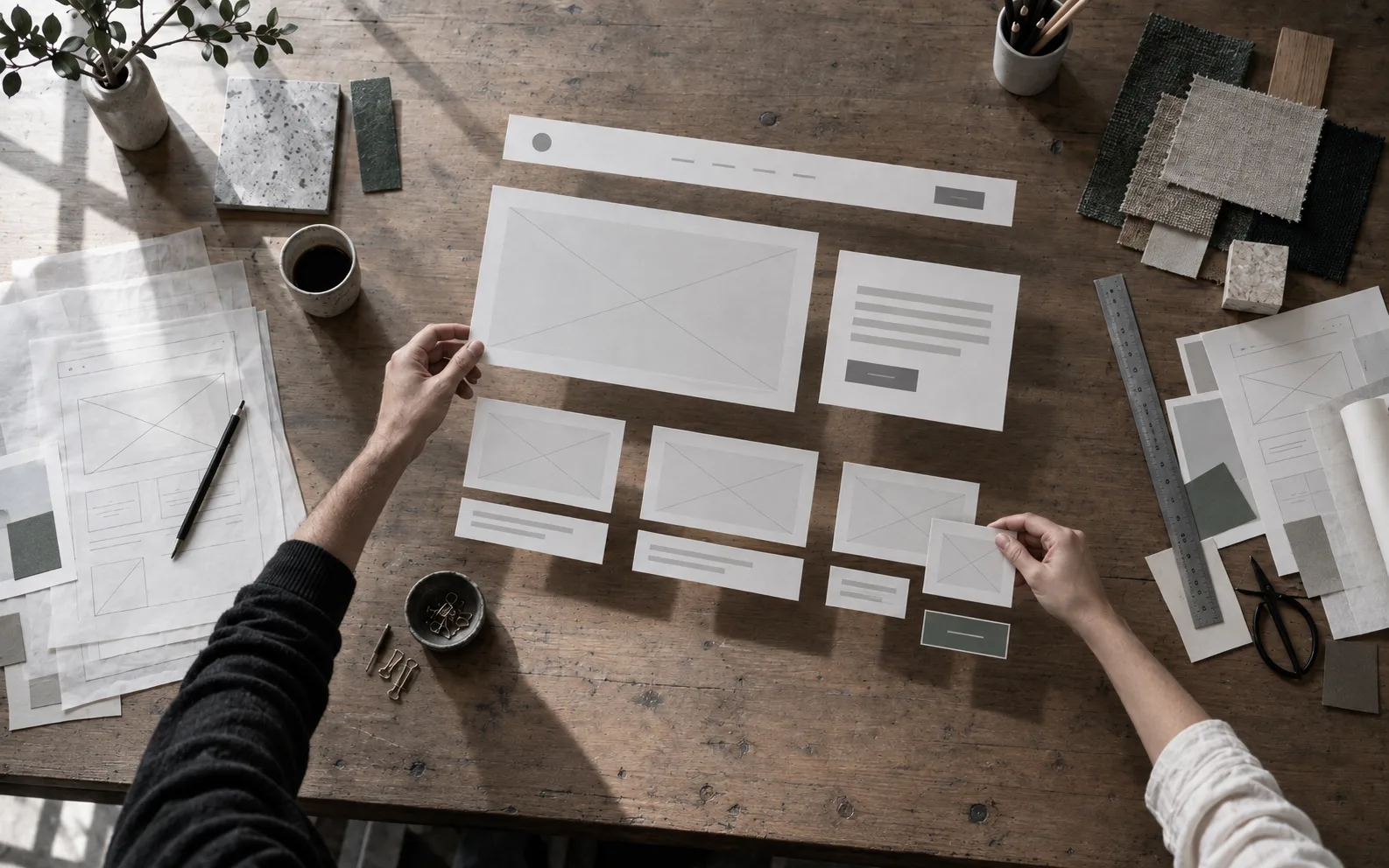 Web design at Konaverse: hands arranging paper wireframes of a website on a wooden desk among material samples