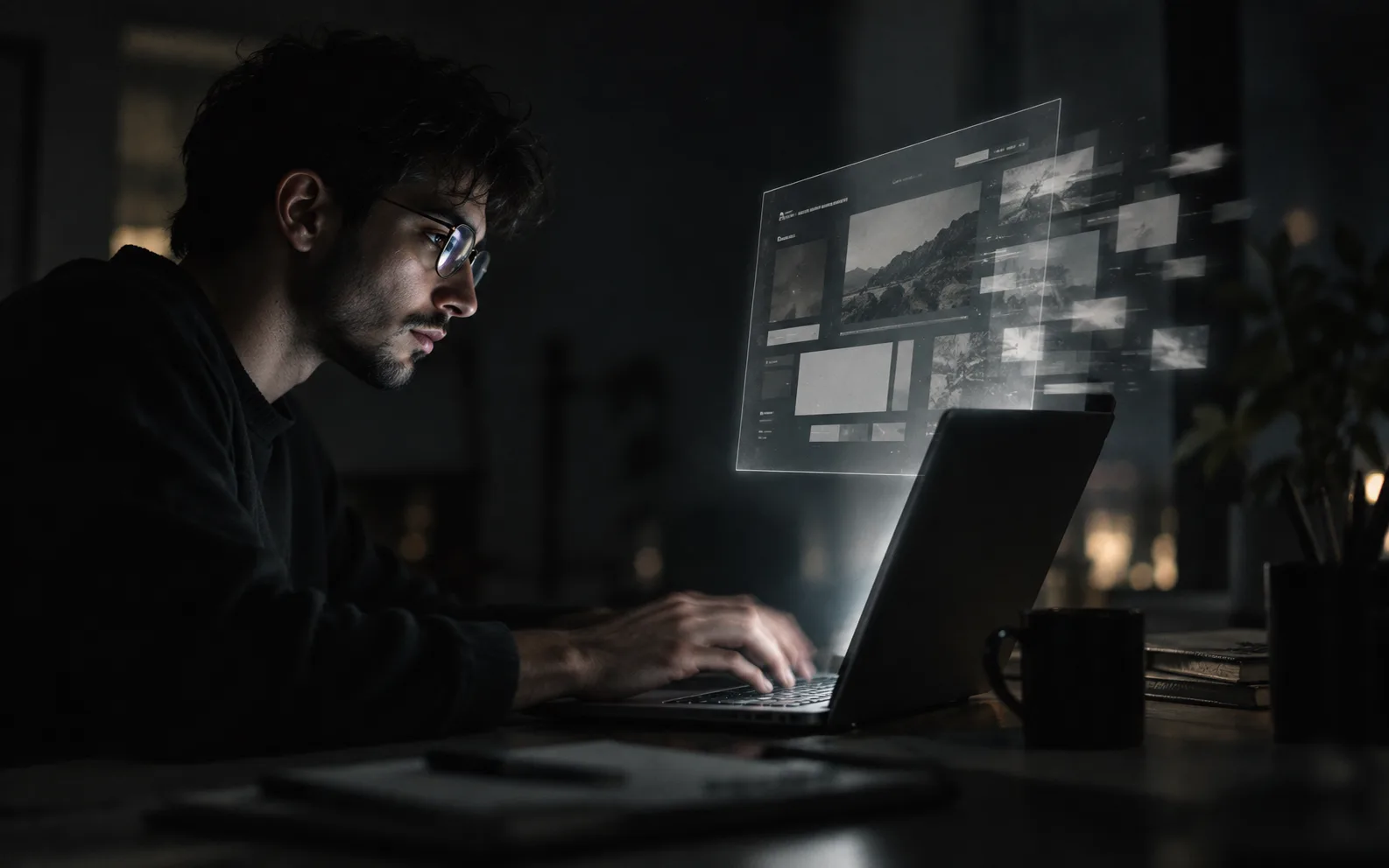 Web development at Konaverse: a developer coding on a laptop at night, website screens floating above it