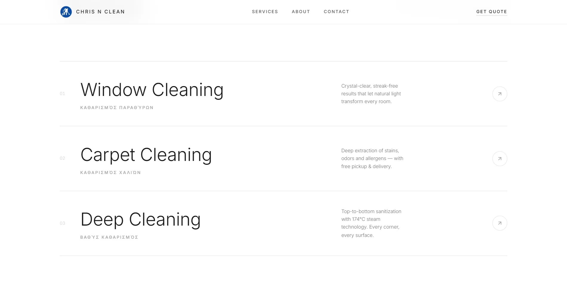 The Chris N Clean website, a desktop screen