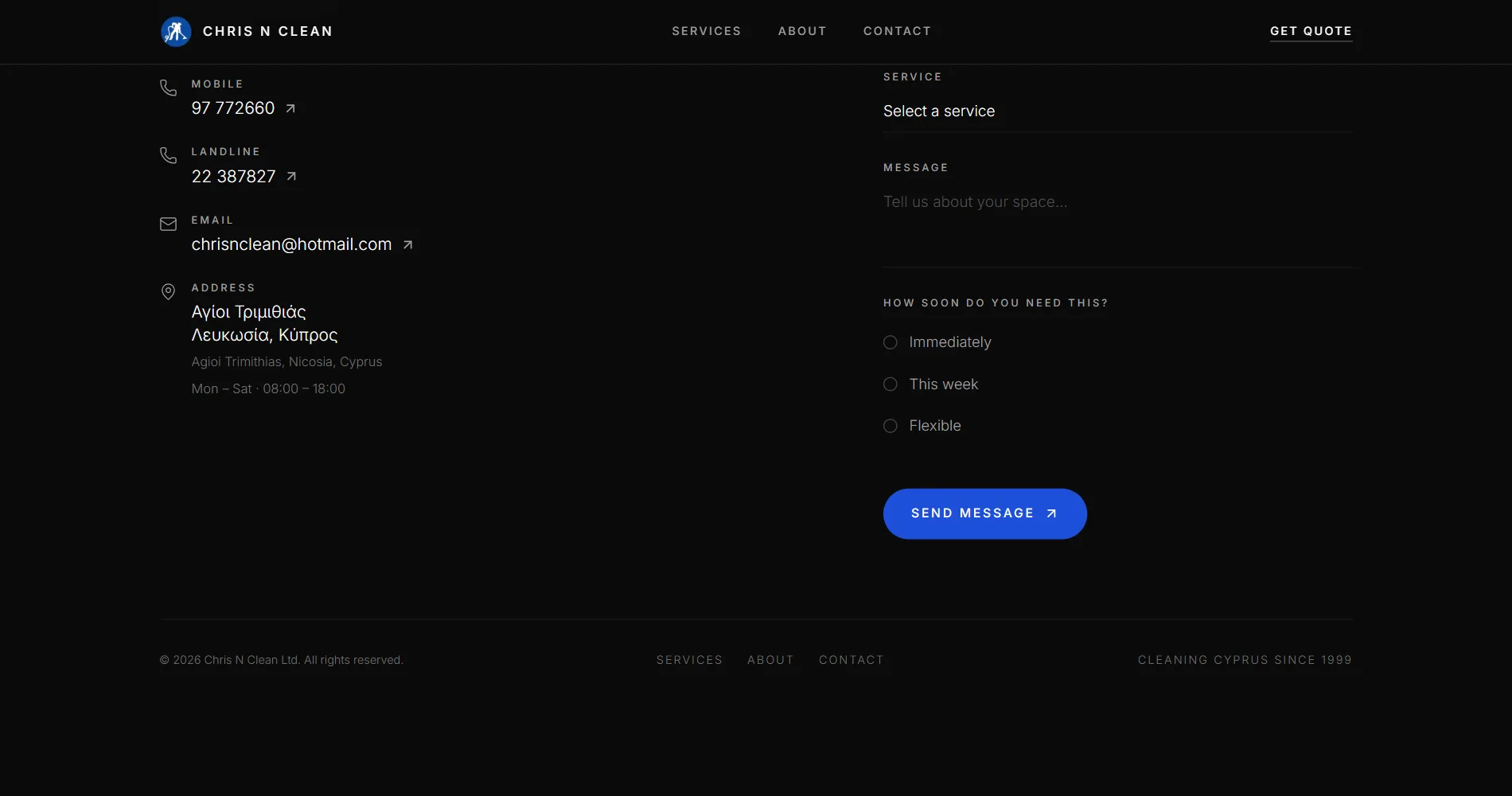 The Chris N Clean website, a desktop screen