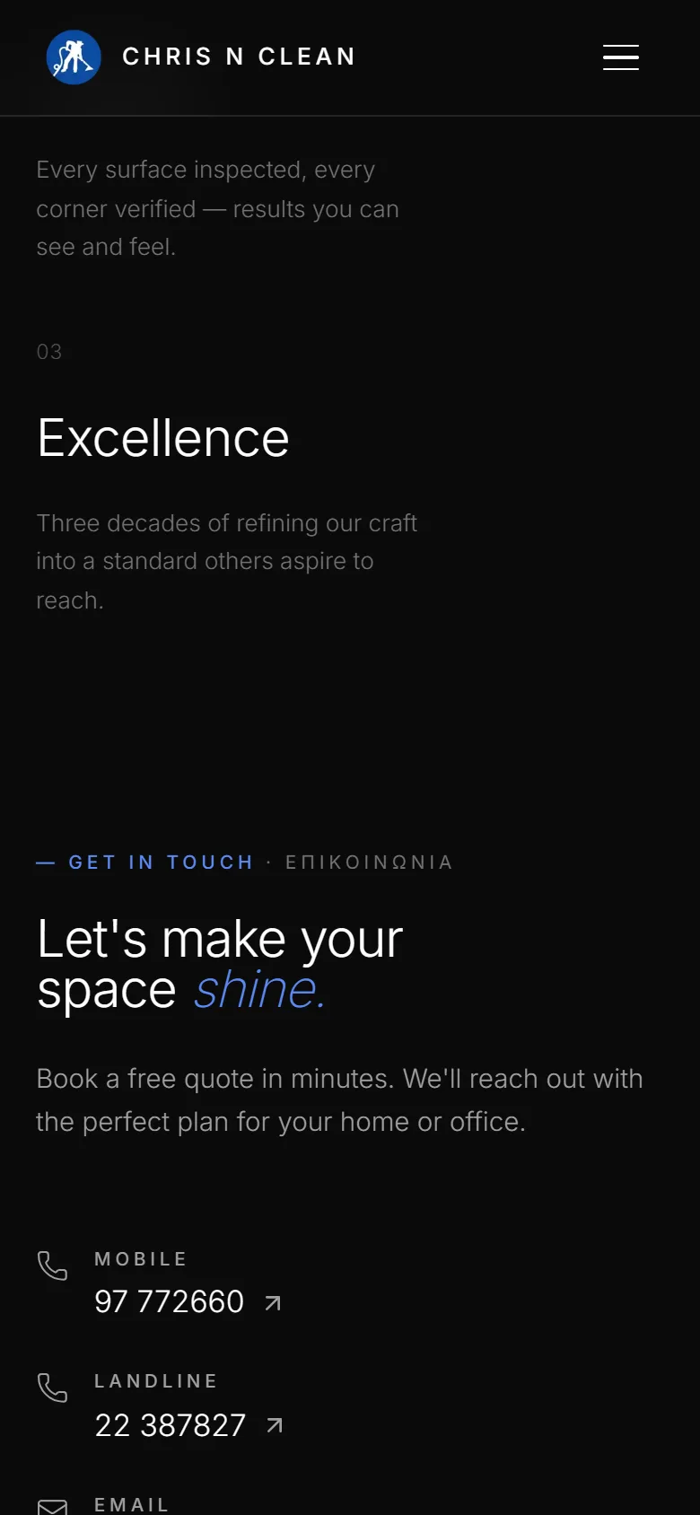 The Chris N Clean website on a phone