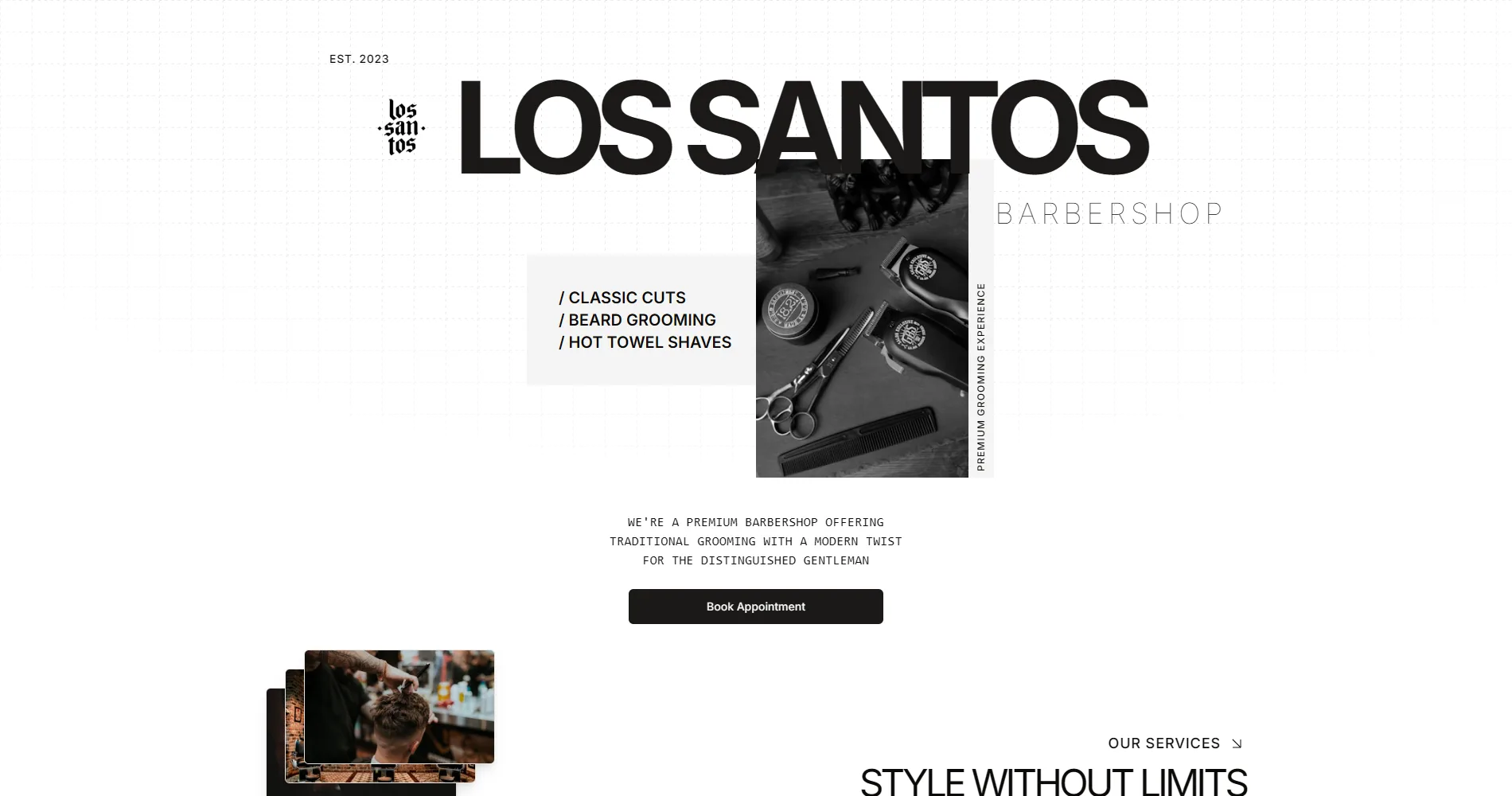 The Los Santos Barbershop homepage: the name set large, the three services listed, a Book Appointment button