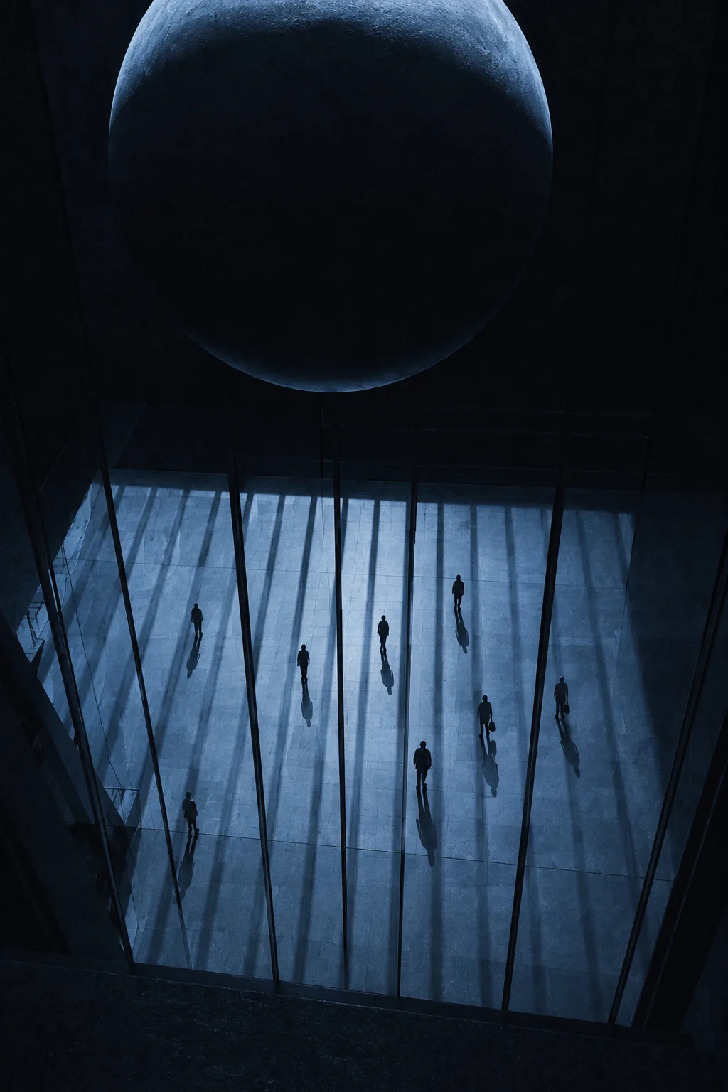 A dark sphere hanging over a lit glass floor, figures walking beneath it