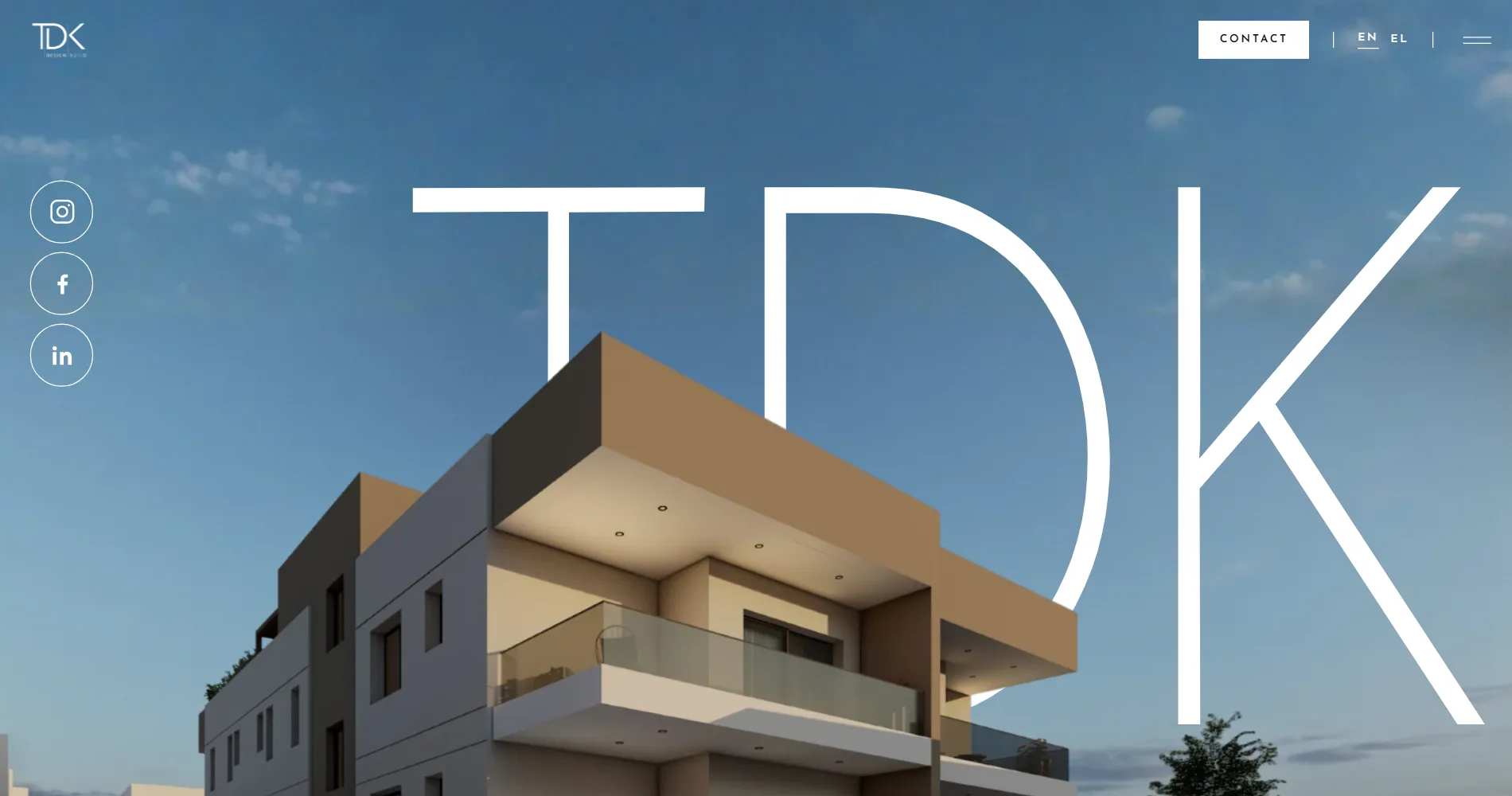 The TDK Design & Build homepage: the building standing in front of the letters TDK